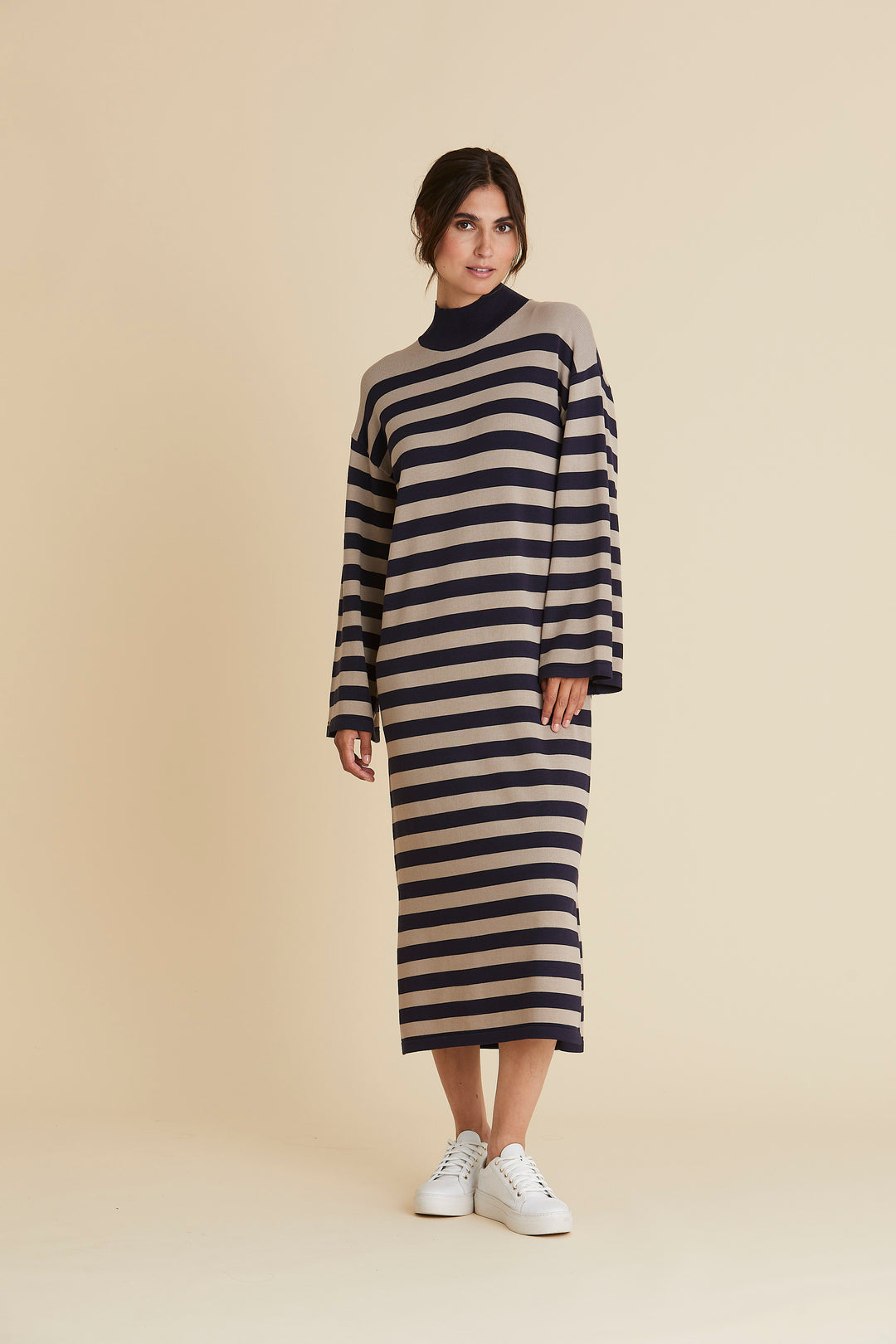 PBO Accept stripe knit dress KNITWEAR, HEAVY 682 Sand/Blue stripe